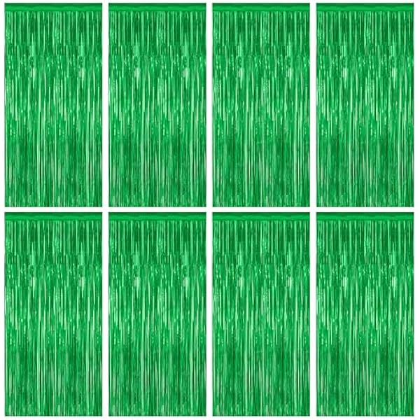 8 Pack Green Streamer, 3.28 FT x 7.05 FT Dinosaur Backdrop, Metallic Tinsel Backdrop FOI Fringe Curtains Party Streamer, Jungle Decor Green Streamer Party Decorations Photo Booth Props