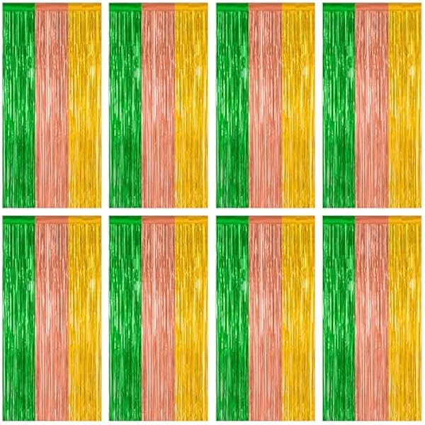 8 Pack Hawaiian Party Decorations, 3.28 FT x 7.05 FT Luau Party Decorations, Green Brown Yellow Backdrop Fringe Curtains Foil Streamer, Metallic Summer Decor Photo Booth Props