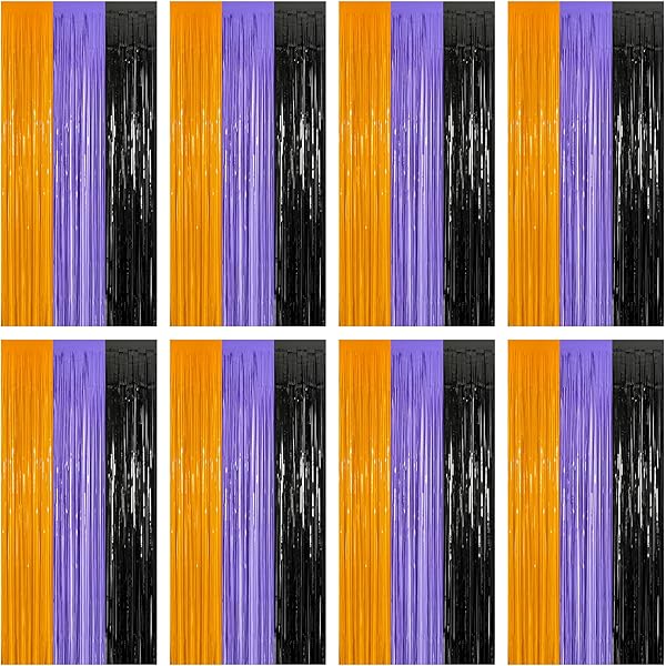 8 Pack Halloween Decorations Indoor, 3.28 FT x 7.05 FT Party Streamer, Orange Purple Black Streamer Backdrop Fringe Curtains Foil Tinsel, Halloween Party Supplies Hanging Halloween Decor