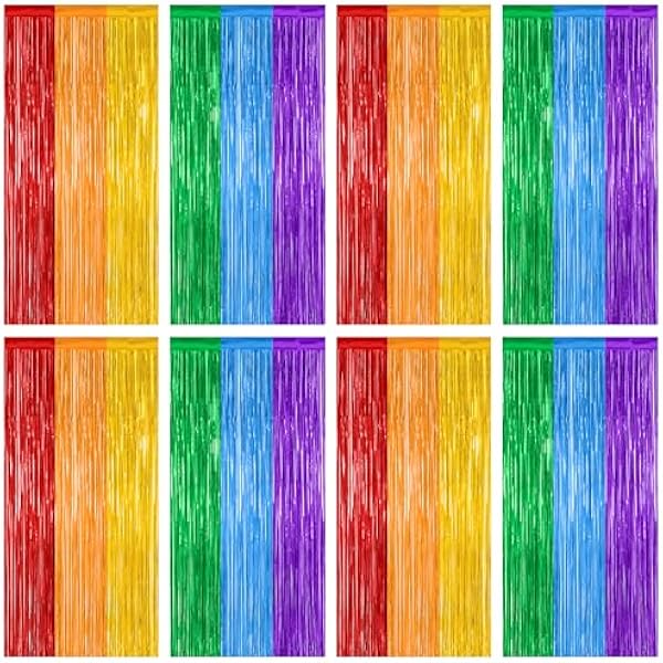 8 Pack Rainbow Backdrop, 3.28 FT x 7.05 FT Backdrop Curtains, Metallic Fringe Curtains Tinsel Bakdrop Party Streamer, Wedding Decor Rainbow Party Decorations Pride Photo Booth Props