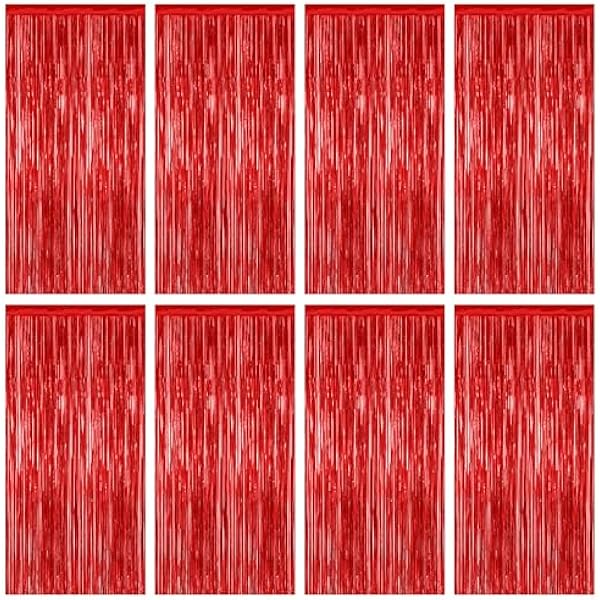 8 Pack Red Backdrop, 3.28 FT x 7.05 FT Streamer Party Decorations, Metallic Foil Fringe Curtains Party Streamer Photo Booth Backdrop, Red Tinsel Canival Theme Party Decor for Engagement Birthday