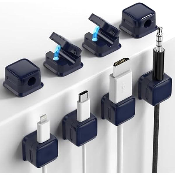 8 Pack Magnetic Cord Organizer, Easy Secure Adhesive Cable Management, Wire Holder Keeper Organizer Management, Hide Or Organize Phone USB Charger Cable for Home,Office,Car,Desk,Nightstand-Dark Blue