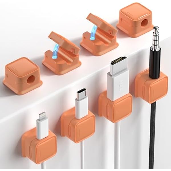 8 Pack Magnetic Cord Organizer, Easy Secure Adhesive Cable Management, Wire Holder Keeper, Hide Or Organize Phone USB Charger Cable, Orange