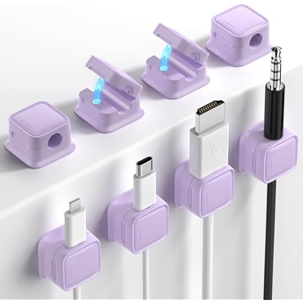 8 Pack Magnetic Cord Organizer, Easy Secure Adhesive Cable Management, Wire Holder Keeper Organizer Management, Hide/Organize Phone USB Charger Cable for Home,Office,Car,Desk,Nightstand-Purple