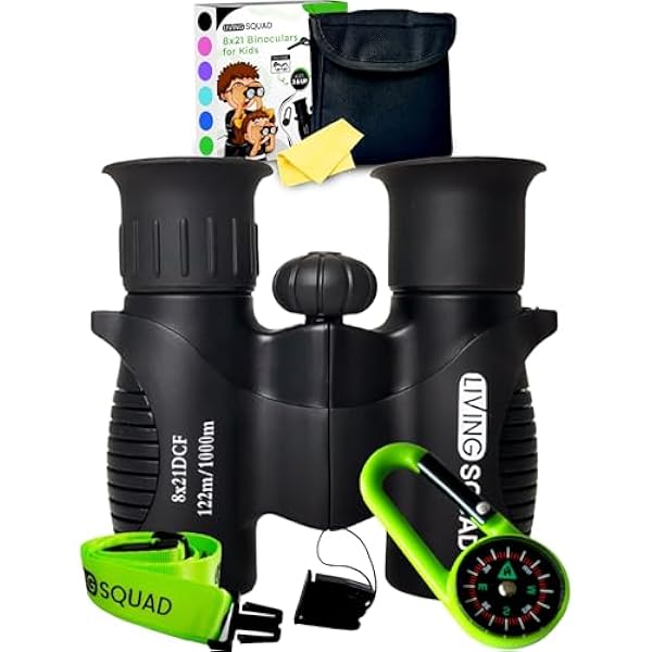 Kids Binoculars 8x21 Black- Child Age 3-12, Shock Proof Compact Real Binoculars Set- High-Resolution Optics Boy & Girl Gift Toy for Bird Watching, Camping- Neck Strap, Compass, Carabiner, Case