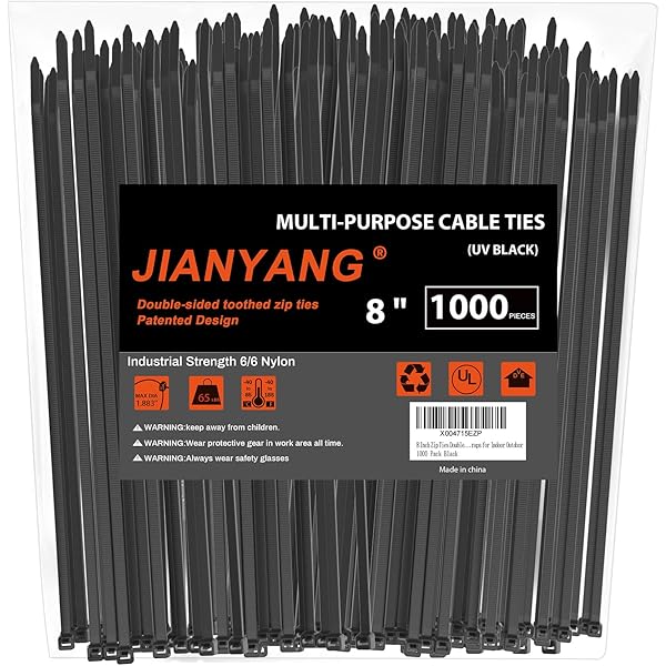 8 Inch Zip Ties Double Sided Toothed (Bulk 1000 Pack Black),65lbs Tensile Strength Heavy Duty Cable Wire Ties with Self-Locking Adjustable Nylon Tie Wraps for Indoor Outdoor (Patented Design)