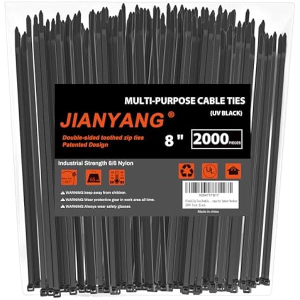 8 Inch Zip Ties Double Sided Toothed (Bulk 2X1000 Pack Black),65lbs Tensile Strength Heavy Duty Cable Wire Ties with Self-Locking Adjustable Nylon Tie Wraps for Indoor Outdoor (Patented Design)