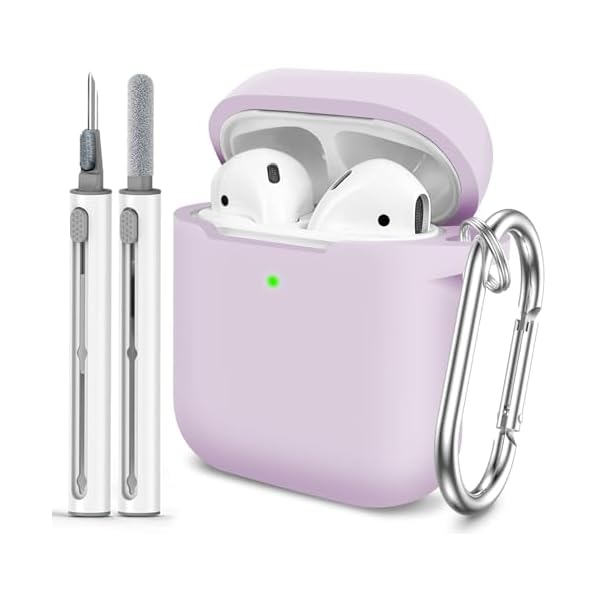 for AirPods Case Cover, Come with Clean Pen，Soft Silicone Protective Cover with Buckle for Women Men Compatible with Apple AirPods 2nd 1st Generation Charging Case, Front LED Visible,Lavender
