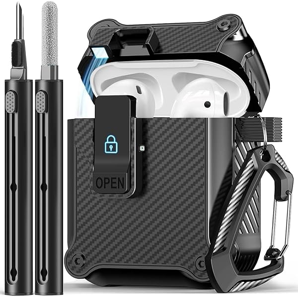 Compatible with AirPods 2nd/1st Case,Magnetic Automatic Lock with Cleaning Kit,Compatible with Magsafe,Carbon Fiber Texture Cover -Black