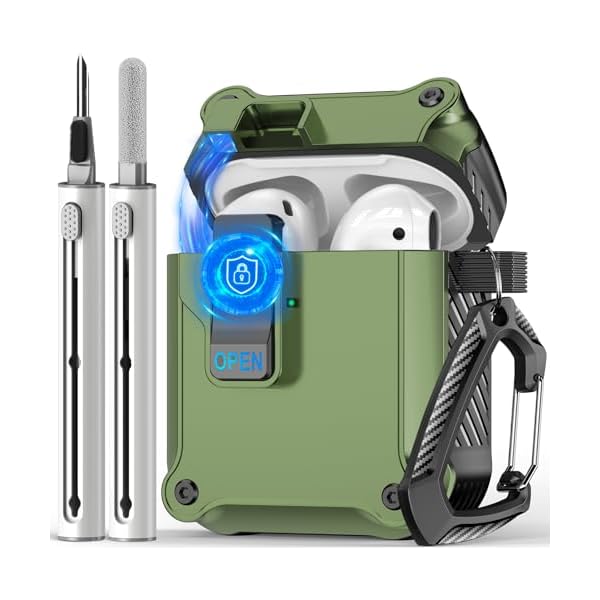 for Airpods 2nd and 1st Generation Case,Automatic Snap Switch Design with Secure Lock Clip,Full Body Shockproof Hard Cover Case with Cleaning Tool & Keychain