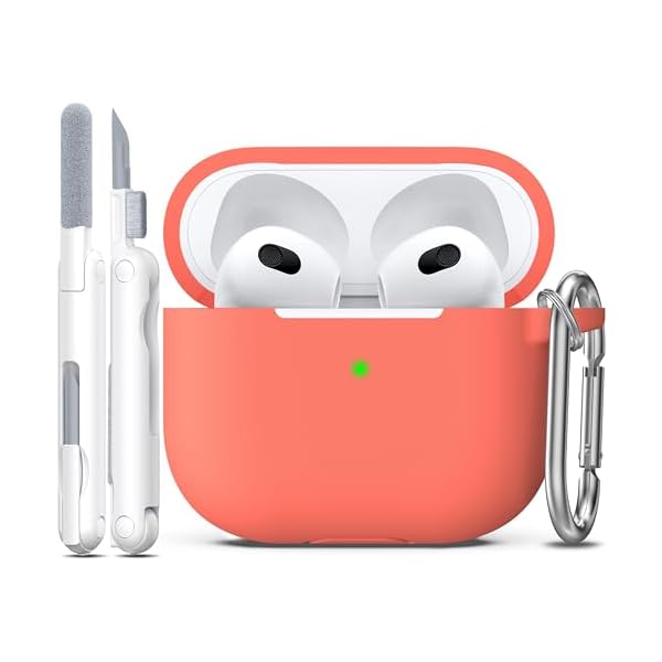 R-fun Compatible with AirPods 3 Case Cover, Silicone Protective Accessories Skin with Keychain Compatible with Apple AirPod 3rd Generation 2021 for Women Men Girls Boys,Front LED Visible,Peach Pink