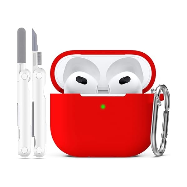 R-fun Compatible with AirPods 3 Case Cover, Silicone Protective Accessories Skin with Keychain Compatible with Apple AirPod 3rd Generation 2021 for Women Men Girls Boys,Front LED Visible,Red