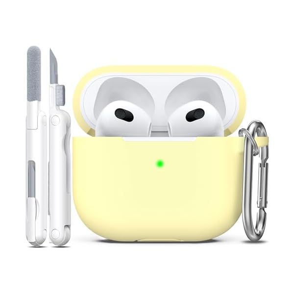 R-fun Compatible with AirPod 3 Case Cover, Silicone Protective Accessories Skin with Keychain Compatible with Apple AirPod 3rd Generation 2021 for Women Men Girls Boys,Front LED Visible,Cream Yellow