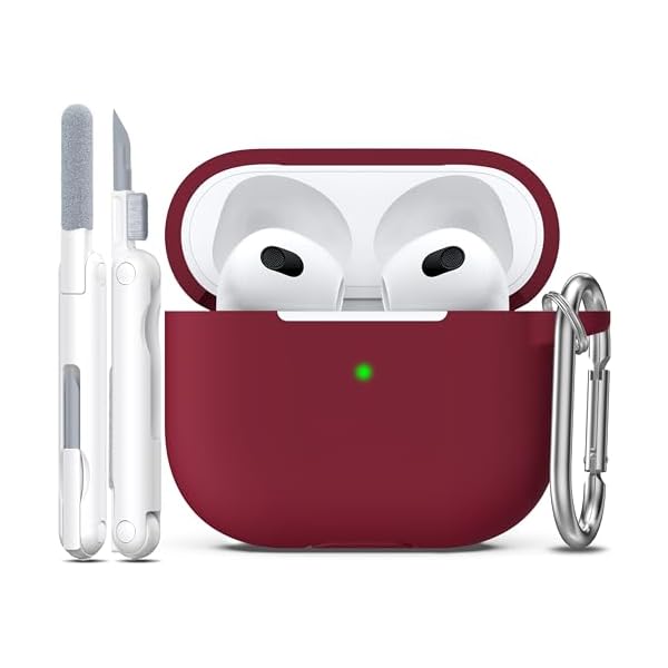 R-fun Compatible with AirPods 3 Case Cover, Silicone Protective Accessories Skin with Keychain Compatible with Apple AirPod 3rd Generation 2021 for Women Men Girls Boys,Front LED Visible,Wine red