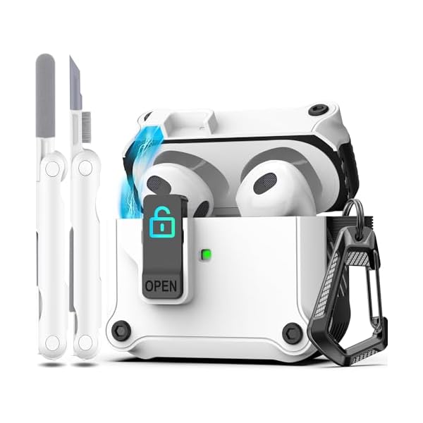 R-fun for AirPods 3rd Generation 2021 Charging Case Cover, Full Drop Protection Auto Pop-Up Lid Design for Apple Airpod 3 Gen Case with Cleaner Kit & Keychain,White