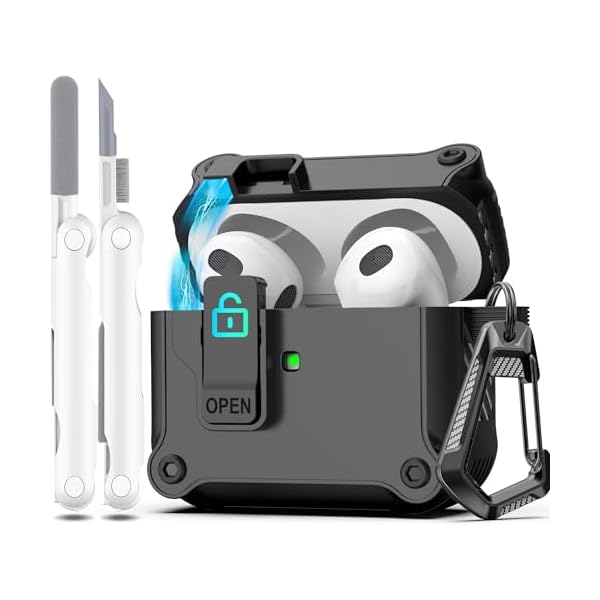 R-fun for AirPods 3rd Generation 2021 Charging Case Cover, Full Drop Protection Auto Pop-Up Lid Design for Apple Airpod 3 Gen Case with Cleaner Kit & Keychain,Black