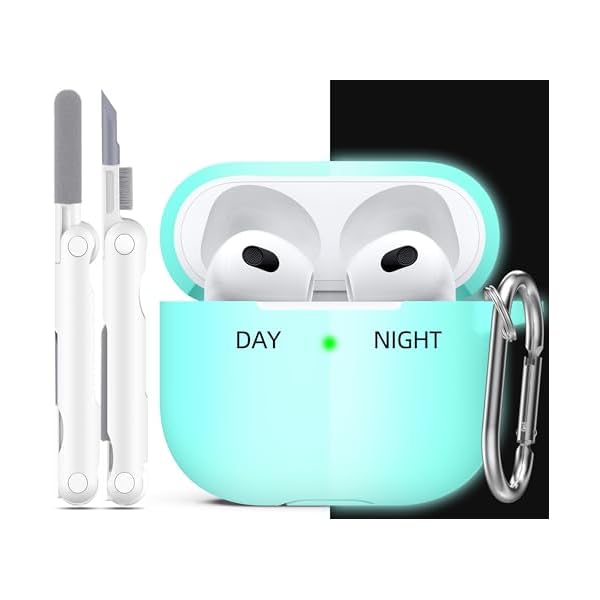 R-fun Compatible with AirPods 3 Case Cover, Silicone Protective Accessories Skin with Keychain Compatible with Apple AirPod 3rd Generation 2021 for Women Men Girls Boys,Front LED Visible,Glow Blue