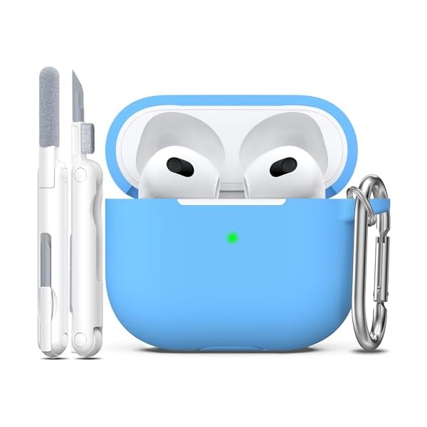 R-fun Compatible with AirPods 3 Case Cover, Silicone Protective Accessories Skin with Keychain Compatible with Apple AirPod 3rd Generation 2021 for Women Men Girls Boys,Front LED Visible,Light Blue