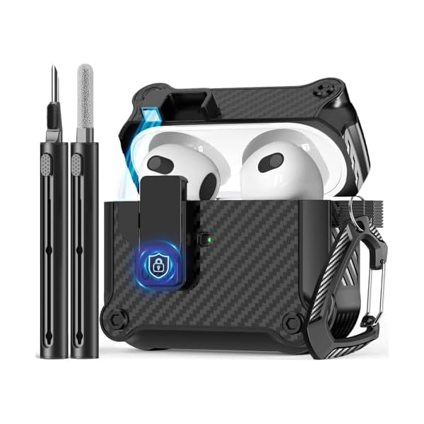 Compatible with AirPods 3rd Case,Magnetic Automatic Lock with Cleaning Kit,Compatible with Magsafe,Carbon Fiber Texture Cover -Black