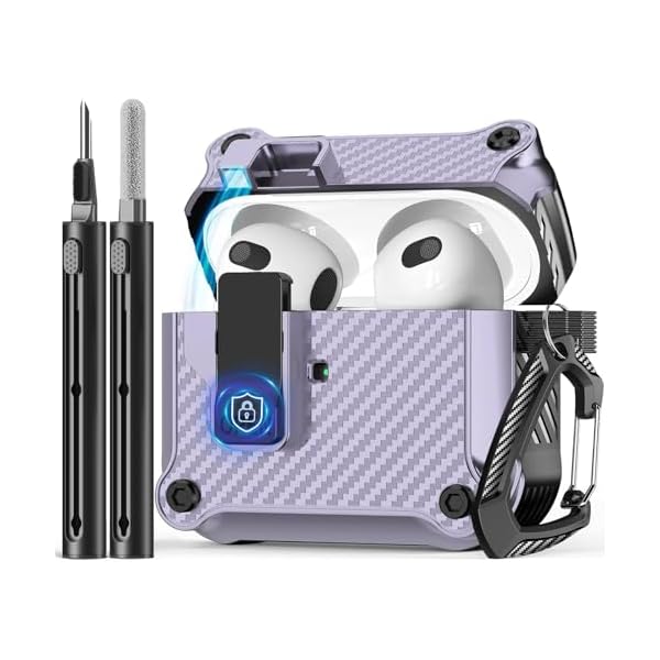 Compatible with AirPods 3rd Case,Magnetic Automatic Lock with Cleaning Kit,Compatible with Magsafe,Carbon Fiber Texture Cover -Purple
