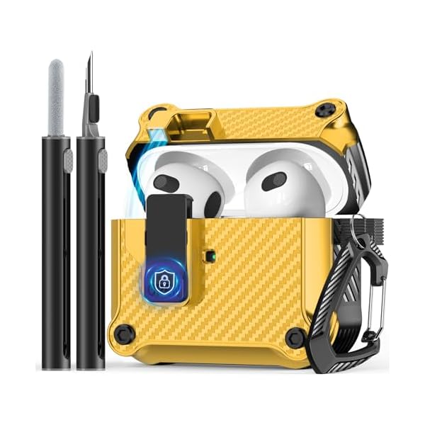 Compatible with AirPods 3rd Case,Magnetic Automatic Lock with Cleaning Kit,Compatible with Magsafe,Carbon Fiber Texture Cover -Yellow