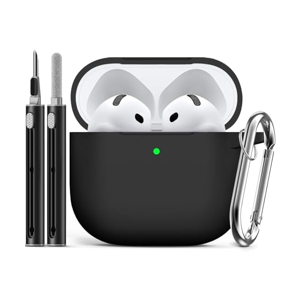 Ljusmicker for AirPods 4 Case Cover 2024 with Cleaner Kit,Soft Silicone Protective Cover for Apple AirPods 4th Generation Cases for Women Men,AirPod 4 Case Accessories with Keychain-Black