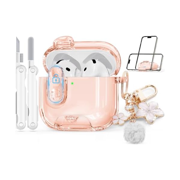 with Safety Lock Compatible with Apple AirPods 4 Case 2024,Clear Cases with Phone Stand & Cleaning Kit,Soft TPU Cover for AirPods 4th Generation Case,Cute Bling Keychain for Women Girls-Desert Gold