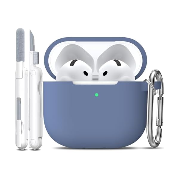 R-fun for AirPods 4th Case Cover with Cleaner Kit, Soft Skin Silicone Case Cover with Keychain, Full Protective Case for Men and Women, Compatible with Apple Latest AirPods 4 Case 2024,Blue Gray