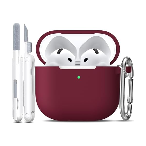 R-fun for AirPods 4th Case Cover with Cleaner Kit, Soft Skin Silicone Case Cover with Keychain, Full Protective Case for Men and Women, Compatible with Apple Latest AirPods 4 Case 2024, Wine Red