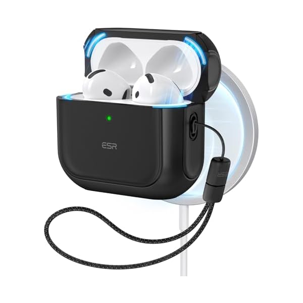 ESR for AirPods 4 Case, Compatible with AirPods 4th Generation Case (2024) (USB-C), Compatible with MagSafe, Drop Protection Cover with Lanyard, Magnetic Lid Lock, Orbit Hybrid Series, Black