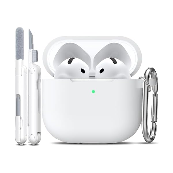 R-fun for Airpods 4th Case Cover with Cleaner Kit, Soft Skin Silicone Case with Keychain, Full Protective Cover for Men and Women, Compatible with Apple Latest Airpods 4th, White
