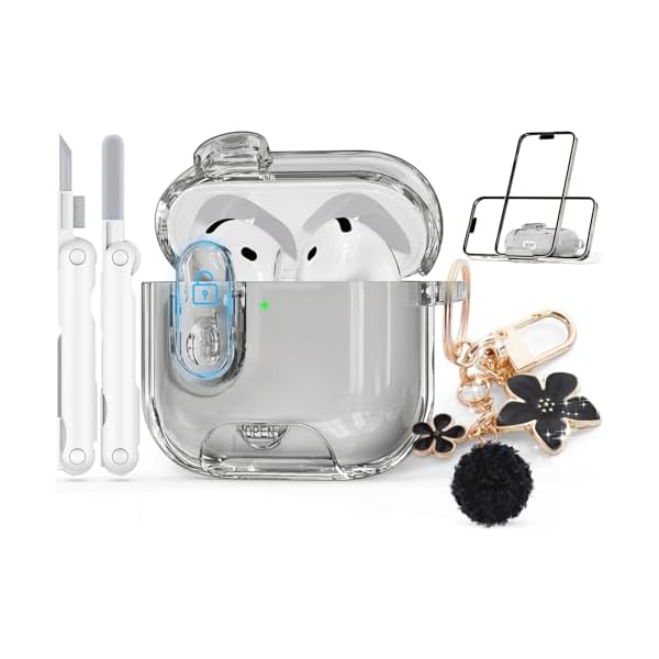 with Safety Lock Compatible with Apple AirPods 4 Case 2024,Clear Case with Phone Stand & Cleaning Kit,Soft TPU Cover for AirPods 4th Generation Case,Cute Bling Keychain for Women Girls-Clear Black