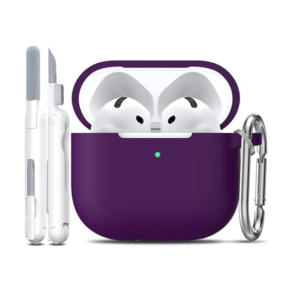 R-fun for AirPods 4 Case with Cleaner Kit,Full Protective Soft Skin Silicone Cover with Keychain for AirPods 4 Gen Case for Men Women,Compatible with Apple AirPods 4th Genaration Case 2024,Plum