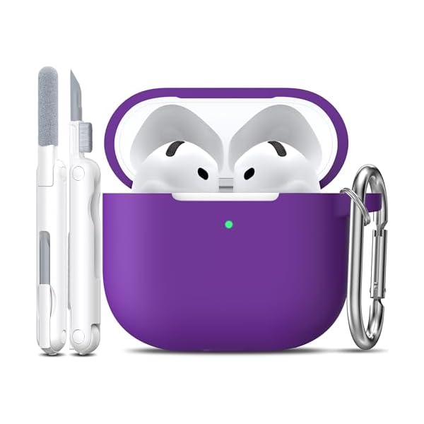 R-fun for AirPods 4th Case Cover with Cleaner Kit, Soft Skin Silicone Case Cover with Keychain, Full Protective Case for Men and Women, Compatible with Apple Latest AirPods 4 Case 2024, Purple