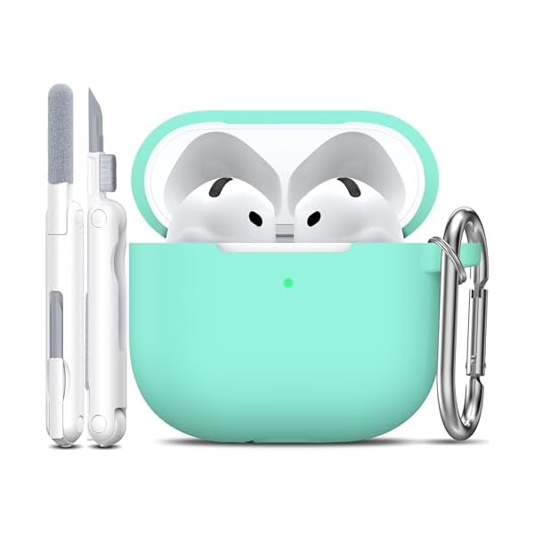 R-fun for AirPods 4th Case Cover with Cleaner Kit, Soft Skin Silicone Case Cover with Keychain, Full Protective Case for Men and Women, Compatible with Apple Latest AirPods 4 Case 2024, Mint Green