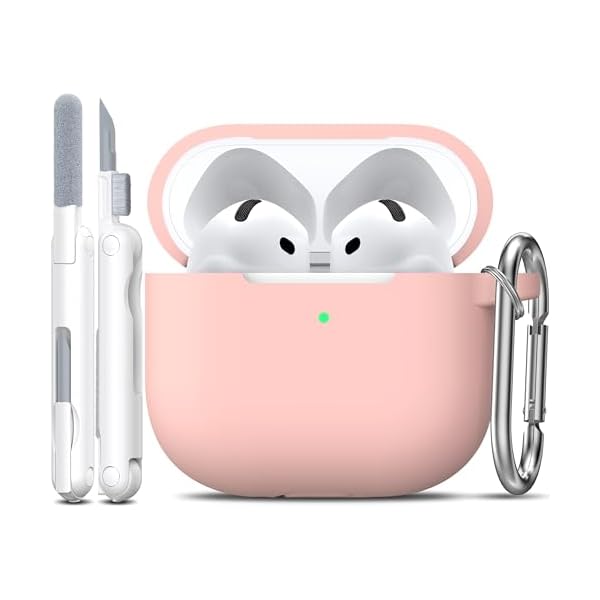 R-fun for AirPods 4 Case with Cleaner Kit,Full Protective Soft Skin Silicone Cover with Keychain for AirPods 4 Gen Case for Men Women,Compatible with Apple AirPods 4th Genaration Case 2024,Sand Pink