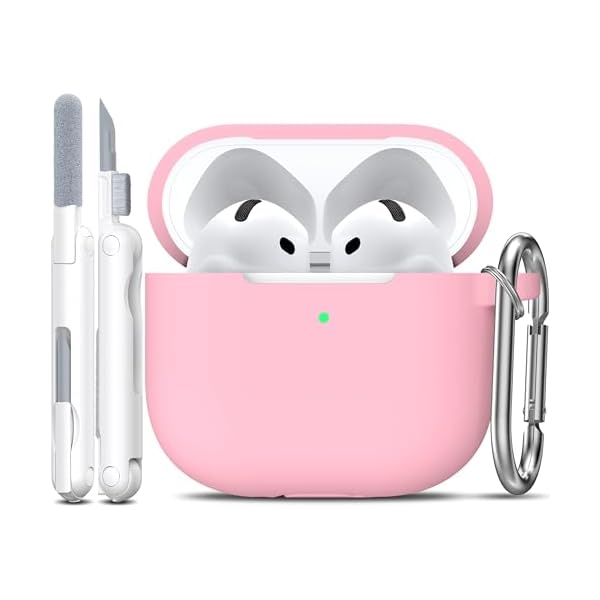 R-fun for AirPods 4 Case with Cleaner Kit,Full Protective Soft Skin Silicone Cover with Keychain for AirPods 4 Gen Case for Men Women,Compatible with Apple AirPods 4th Genaration Case 2024,Pink