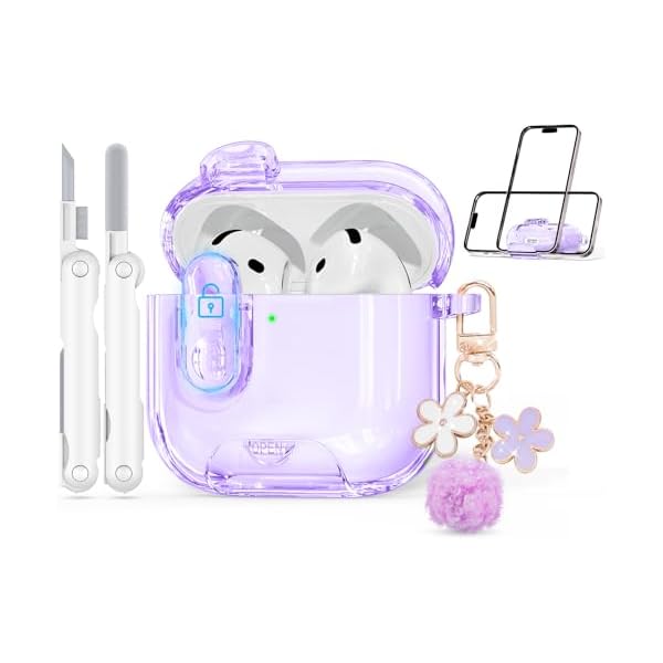 with Safety Lock for Apple AirPods 4 Case 2024,Clear Cases with Phone Stand & Cleaning Kit,Soft TPU Cover for AirPods 4th Generation Case,Cute Bling Keychain for Women Girls-Clear Purple