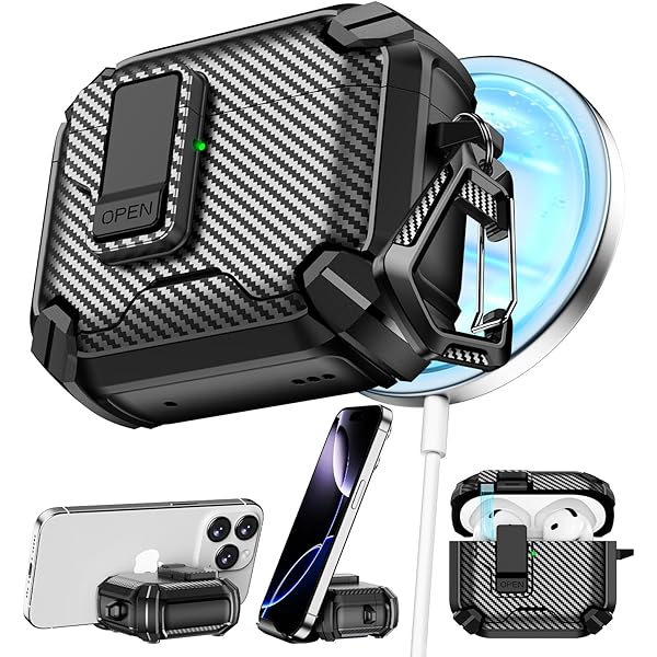 Compatible with AirPods 4th Case,Magnetic Automatic Lock with Phone Stand & Cleaning Kit,Compatible with Magsafe,Carbon Fiber Texture Cover -Black