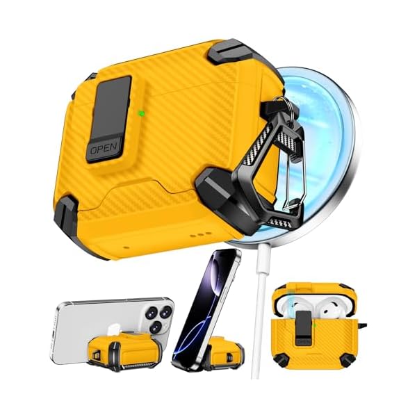 Compatible with AirPods 4th Case,Magnetic Automatic Lock with Phone Stand & Cleaning Kit,Compatible with Magsafe,Carbon Fiber Texture Cover -Yellow