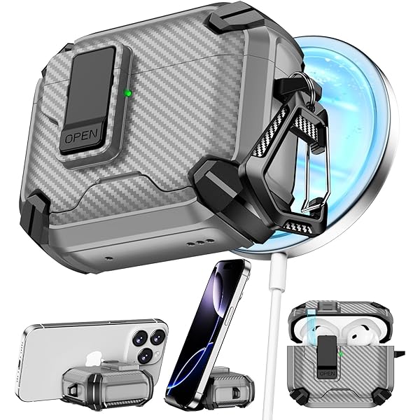 Compatible with AirPods 4th Case,Magnetic Automatic Lock with Phone Stand & Cleaning Kit,Compatible with Magsafe,Carbon Fiber Texture Cover -Gray