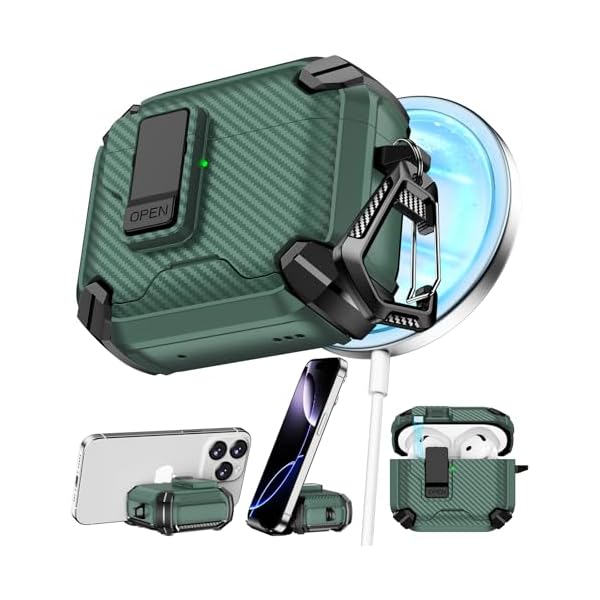 Compatible with AirPods 4th Case,Magnetic Automatic Lock with Phone Stand & Cleaning Kit,Compatible with Magsafe,Carbon Fiber Texture Cover -Green