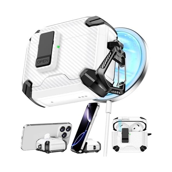 Compatible with AirPods 4th Case,Magnetic Automatic Lock with Phone Stand & Cleaning Kit,Compatible with Magsafe,Carbon Fiber Texture Cover -White