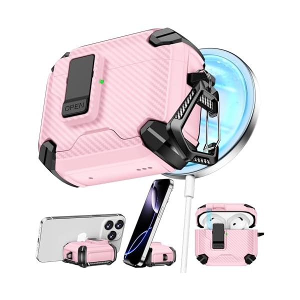 Compatible with AirPods 4th Case,Magnetic Automatic Lock with Phone Stand & Cleaning Kit,Compatible with Magsafe,Carbon Fiber Texture Cover -Pink
