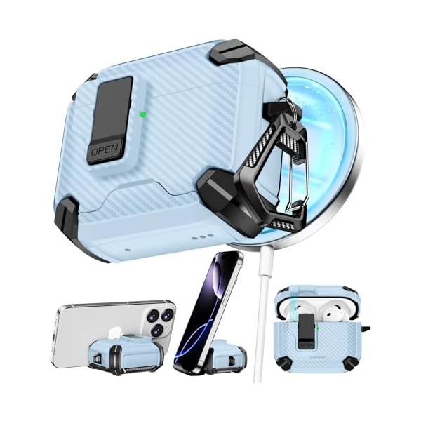Compatible with AirPods 4th Case,Magnetic Automatic Lock with Phone Stand & Cleaning Kit,Compatible with Magsafe,Carbon Fiber Texture Cover -Light Blue
