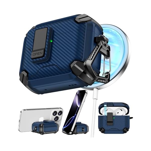 Compatible with AirPods 4th Case,Magnetic Automatic Lock with Phone Stand & Cleaning Kit,Compatible with Magsafe Cover -Blue