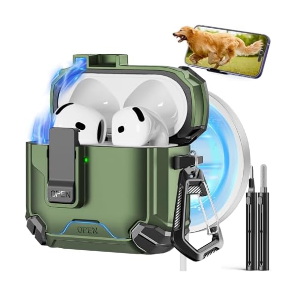 Compatible with AirPods 4th Case,Magnetic Automatic Lock with Phone Stand & Cleaning Kit,Compatible with Magsafe Cover -Army Green