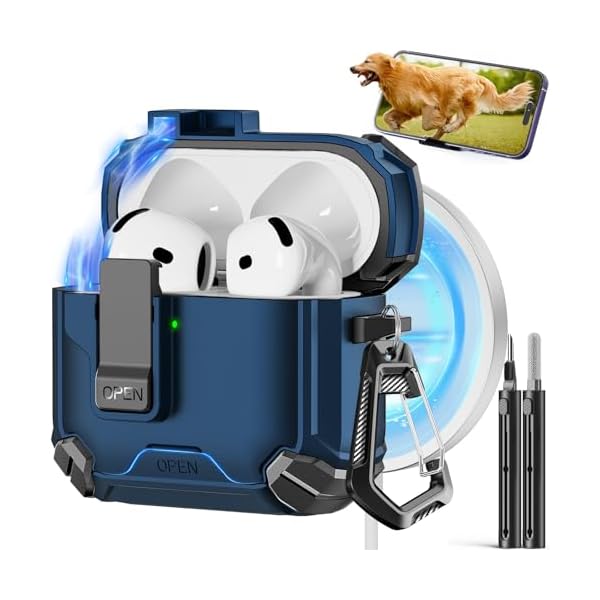 Compatible with AirPods 4th Case,Magnetic Automatic Lock with Phone Stand & Cleaning Kit,Compatible with Magsafe Cover -Blue