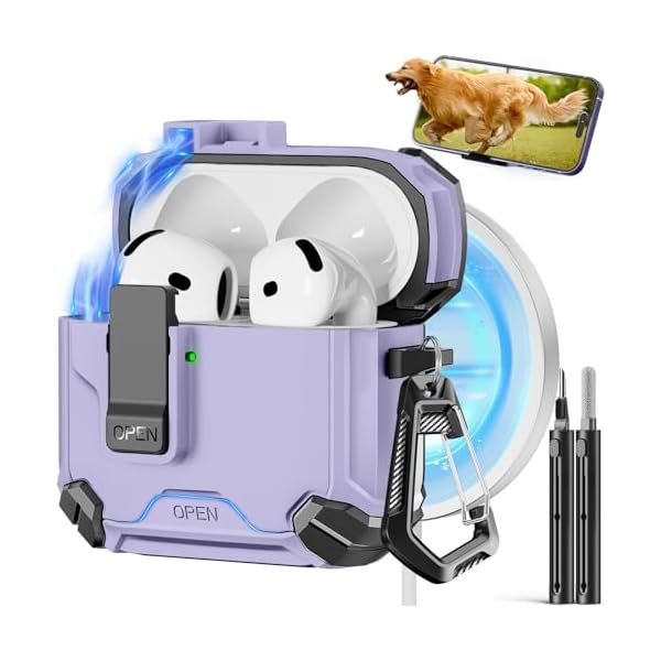 Compatible with AirPods 4th Case,Magnetic Automatic Lock with Phone Stand & Cleaning Kit,Compatible with Magsafe Cover -Purple