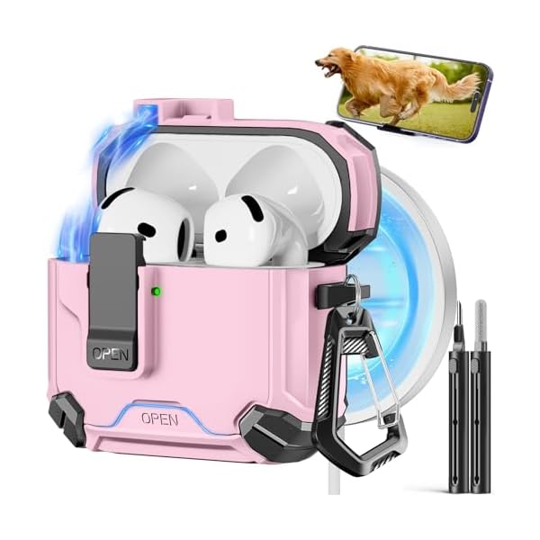 Compatible with AirPods 4th Case,Magnetic Automatic Lock with Phone Stand & Cleaning Kit,Compatible with Magsafe Cover -Pink